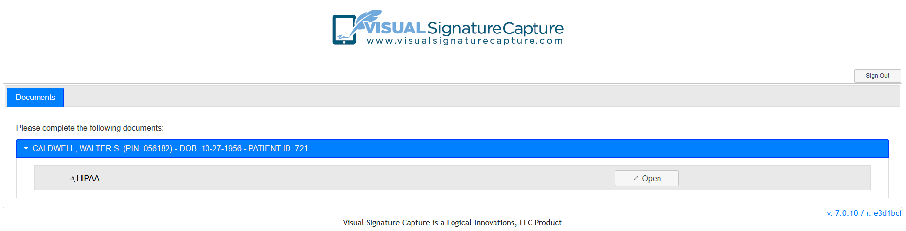 Documents Tab with HIPAA form only Screenshot